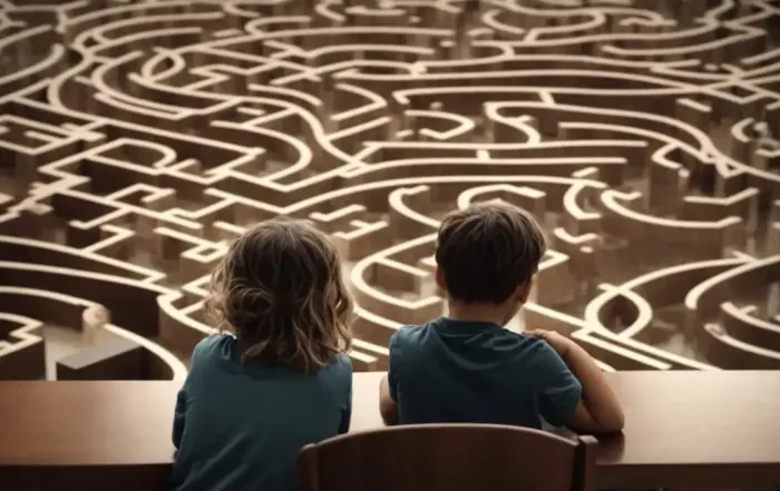 Two young children sitting in a chair and staring at a large, wooden maze.
