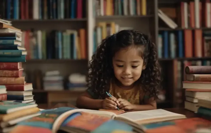 a bright classroom filled with diverse books and educational materials relevant to literacy development.