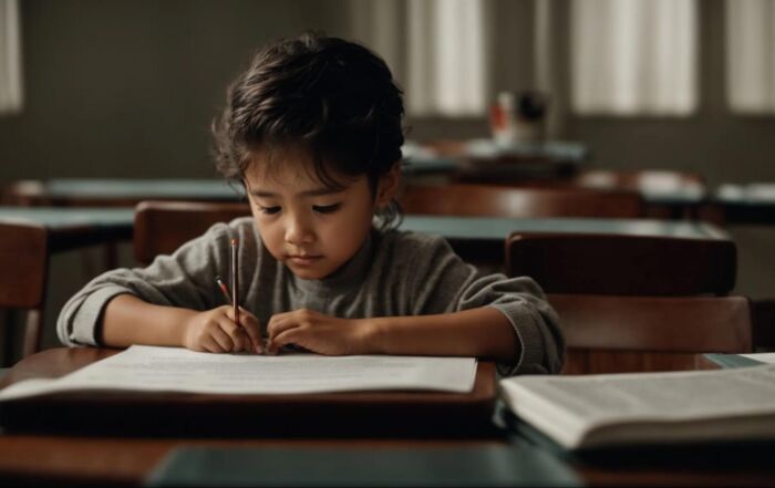 A child sits at a table during a private testing session, focusing on educational materials provided by a specialist.