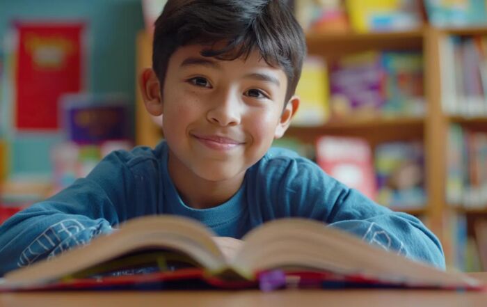 Child reading in a classroom, building early literacy skills and strong reading foundations.