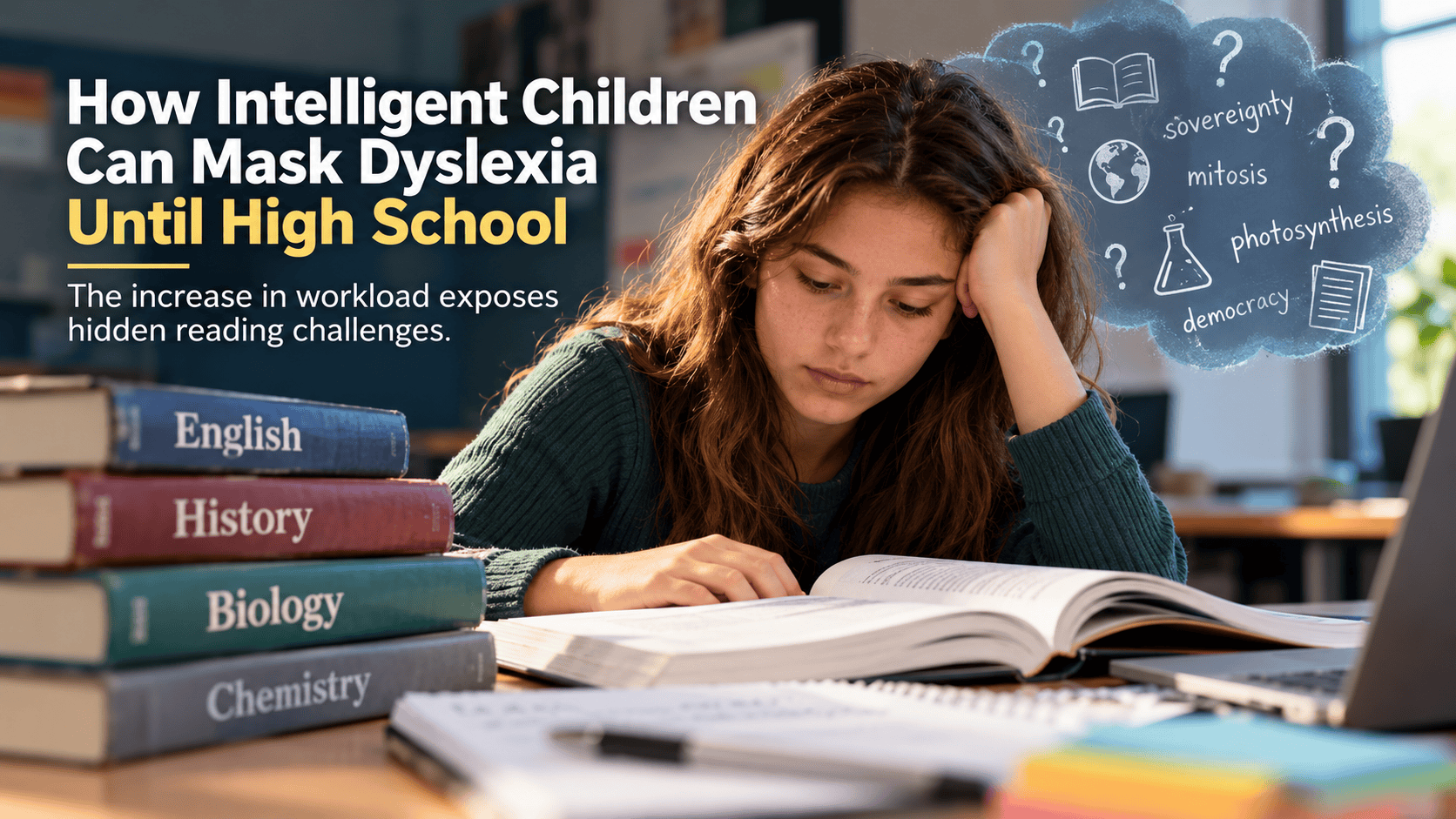High school student with dyslexia working through a long reading assignment